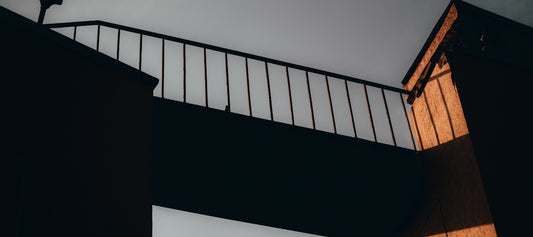a black and white photo of a person on a bridge