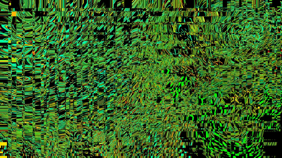 Abstract and distorted green shapes fill the frame.