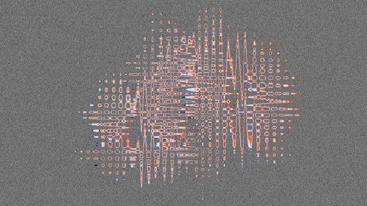 Abstract shapes with pink and white lines.