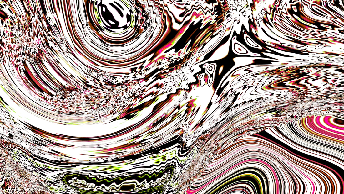 Abstract swirling patterns with white, red, and black.