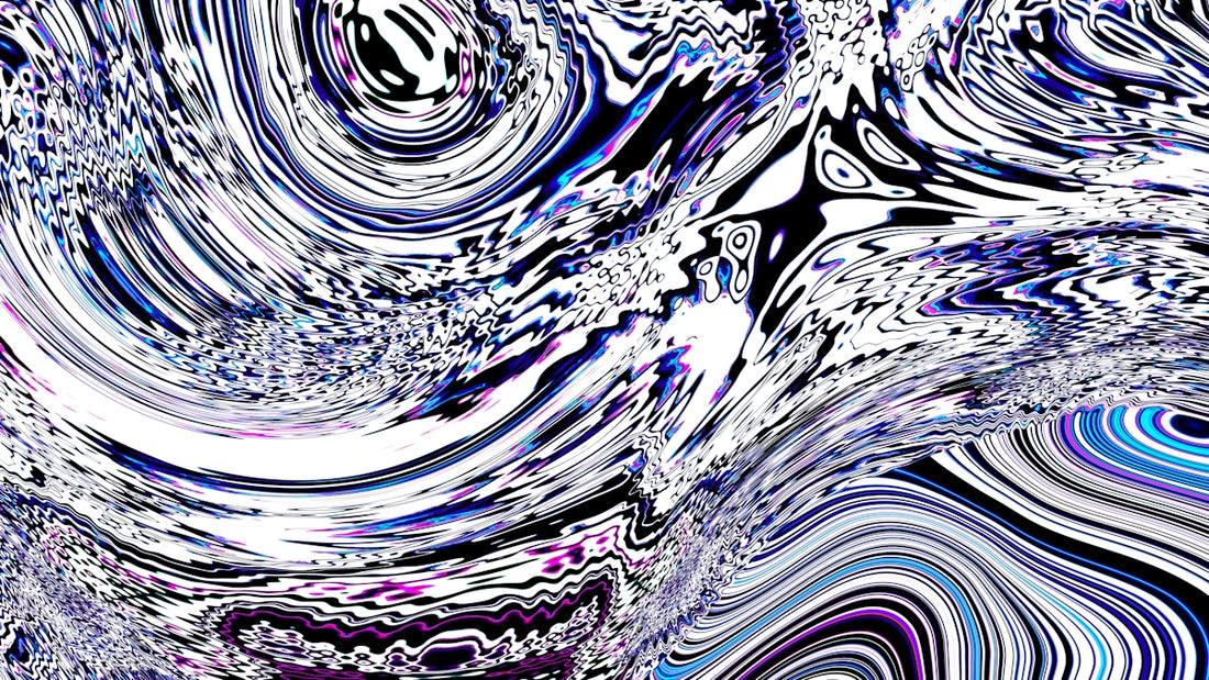 Abstract swirling patterns of white, blue, and purple.